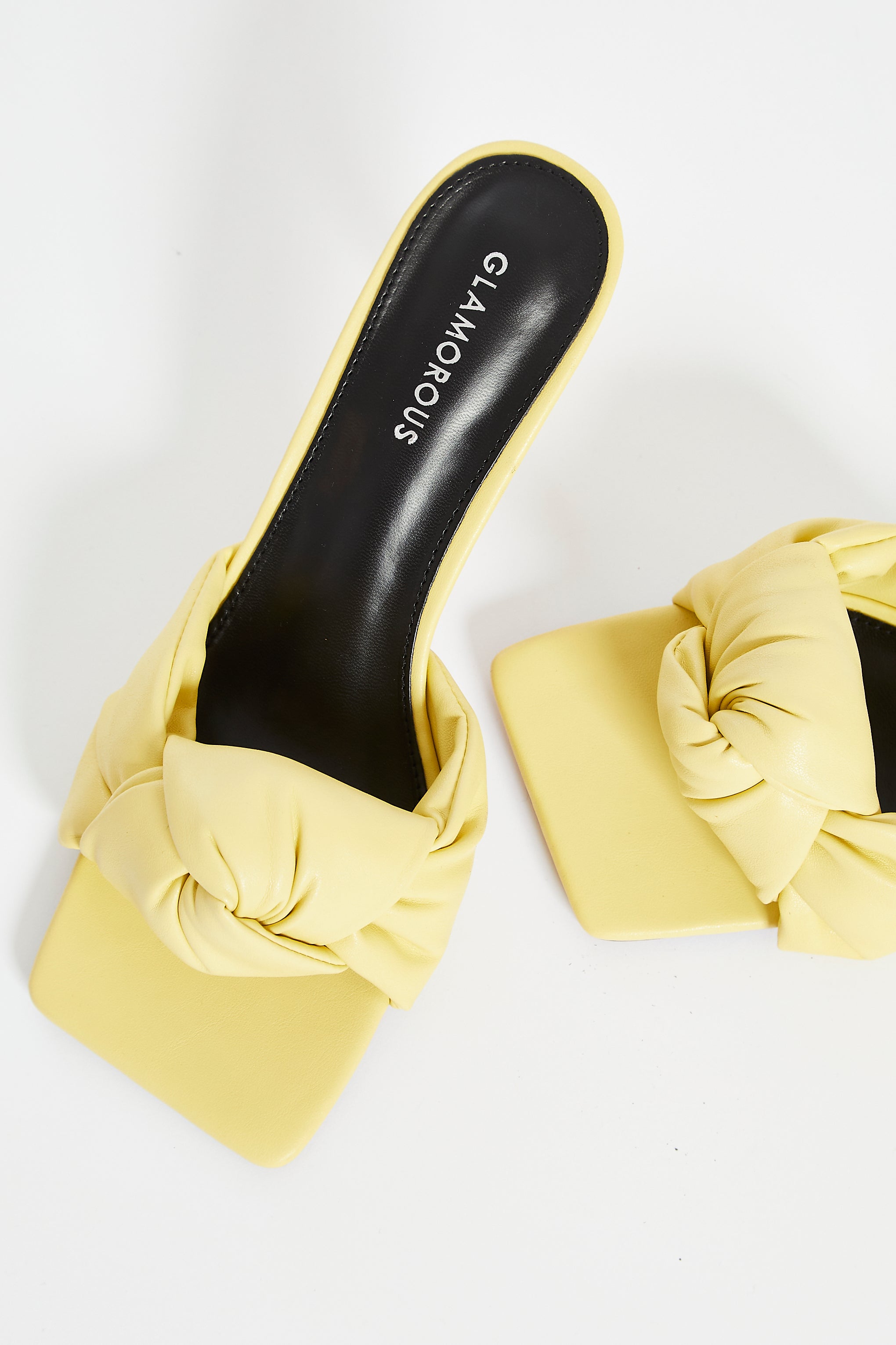 Glamorous knot front mid heel mule sandals in yellow