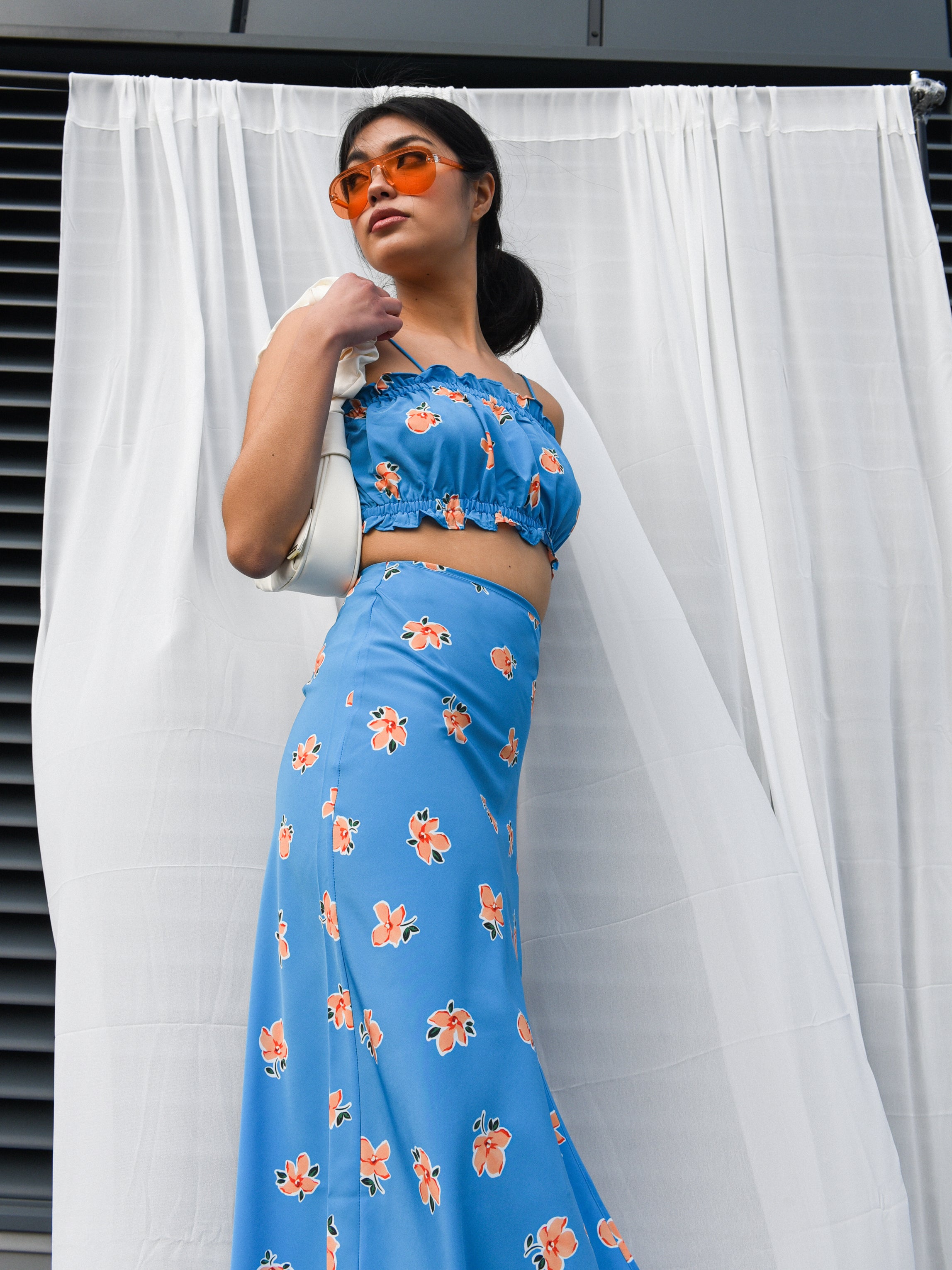 Glamorous Care Blue Orange Floral Crop Top