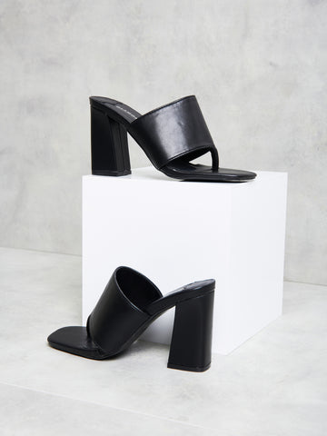 Glamorous Black Square Toe Strappy Chunky Heels