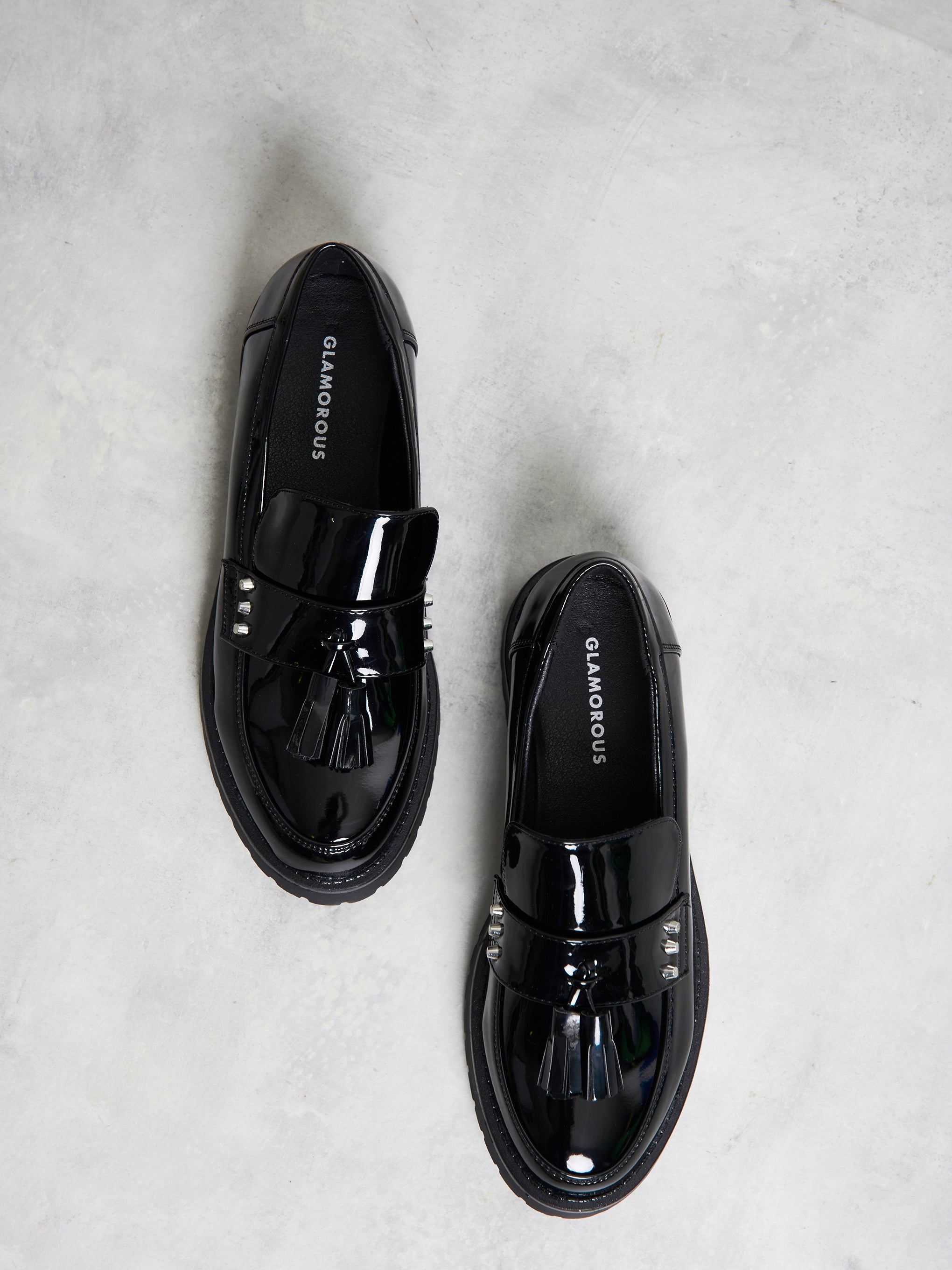 Glamorous Black Patent Tassel Detail Loafer Flat Shoes
