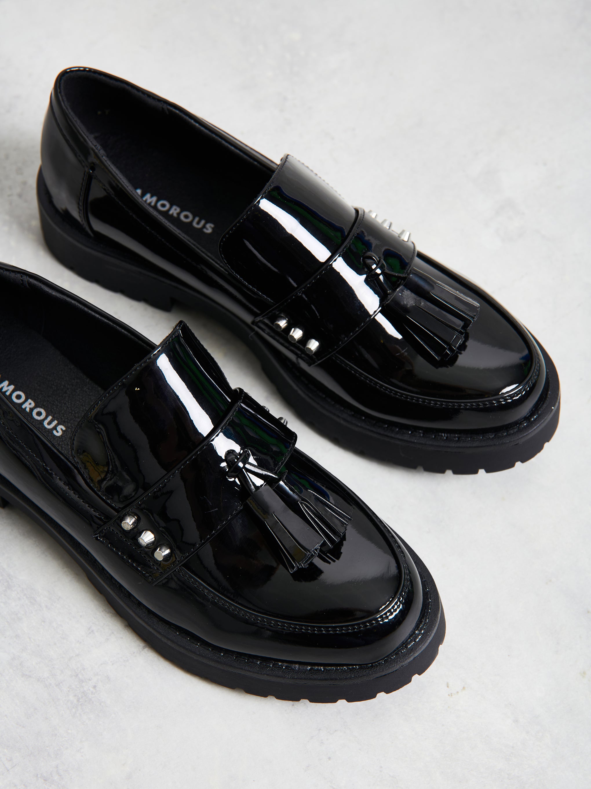 Glamorous Black Patent Tassel Detail Loafer Flat Shoes