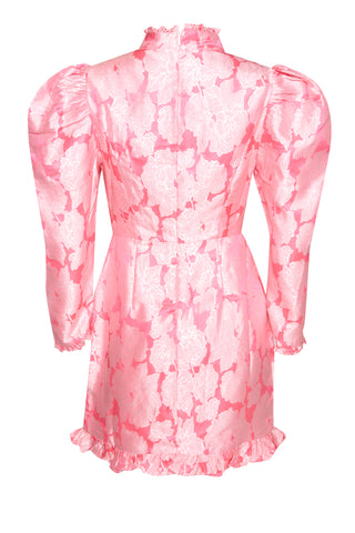 Glamorous Neon Pink Jacquard High Neck Puff Shoulder Frill Mini Dress