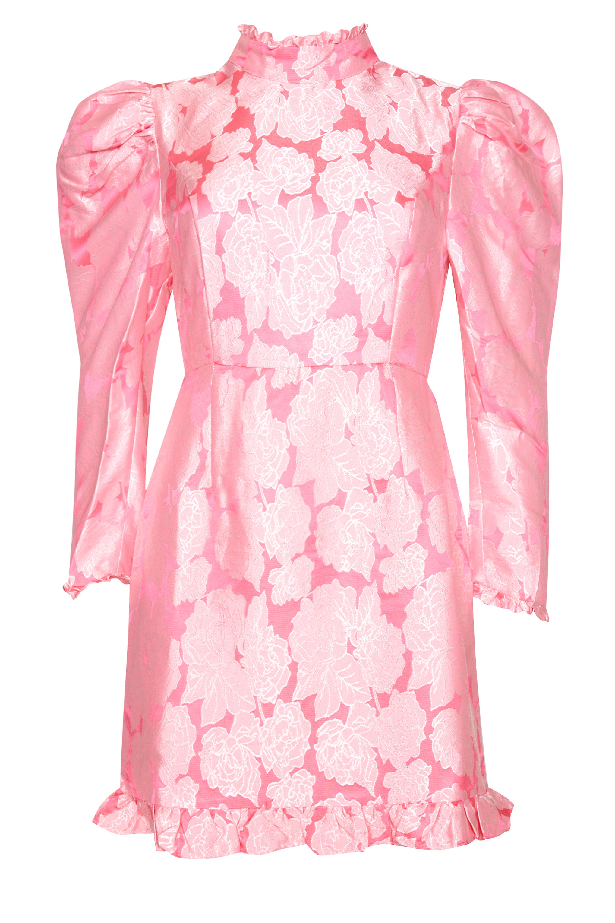 Glamorous Neon Pink Jacquard High Neck Puff Shoulder Frill Mini Dress