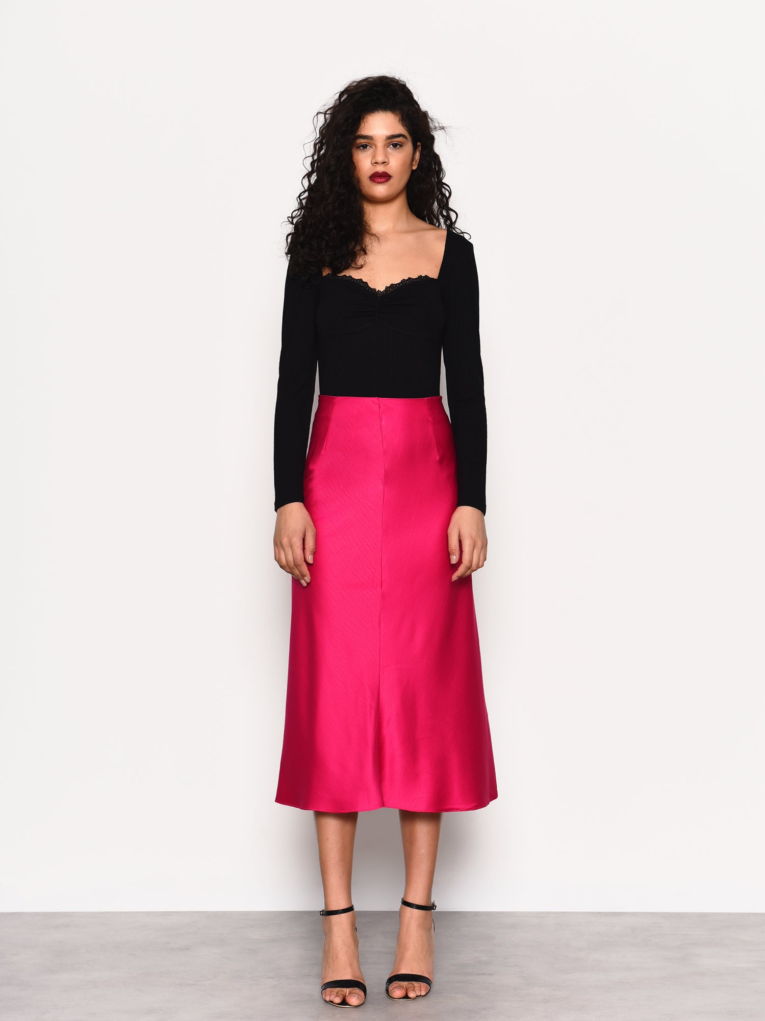 Pink Satin Midi Skirt