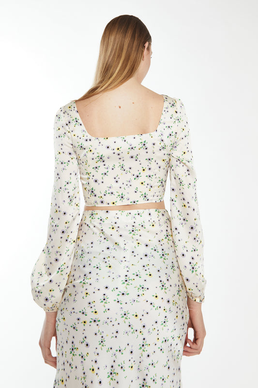 Glamorous Cream Lilac Floral Square Neck Top with Long Sleeves