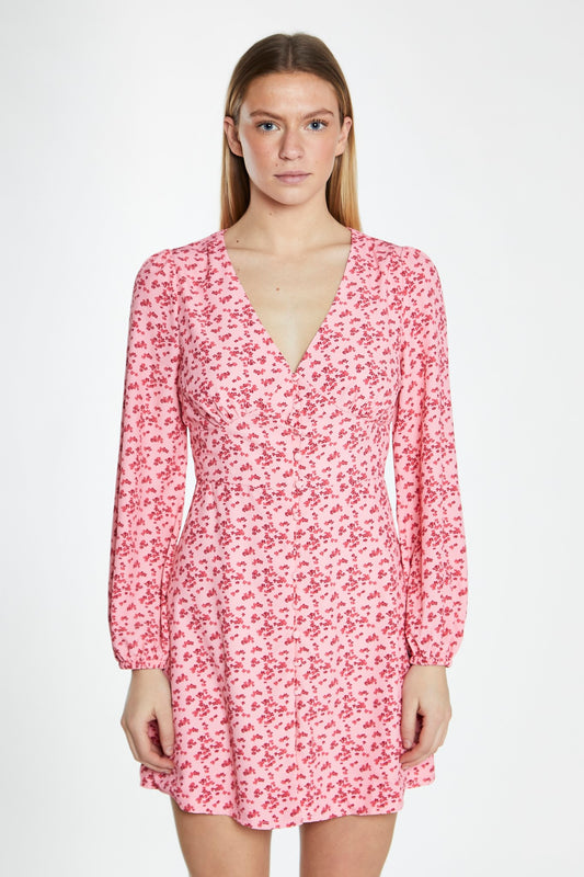 Raspberry Ditsy Button Front Long Sleeve Mini-Dress