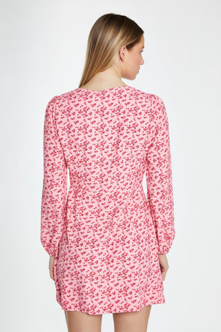 Raspberry Ditsy Button Front Long Sleeve Mini-Dress