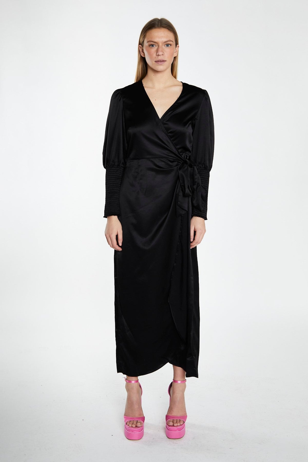 Black-Satin Shirred Cuff Wrap Maxi-Dress