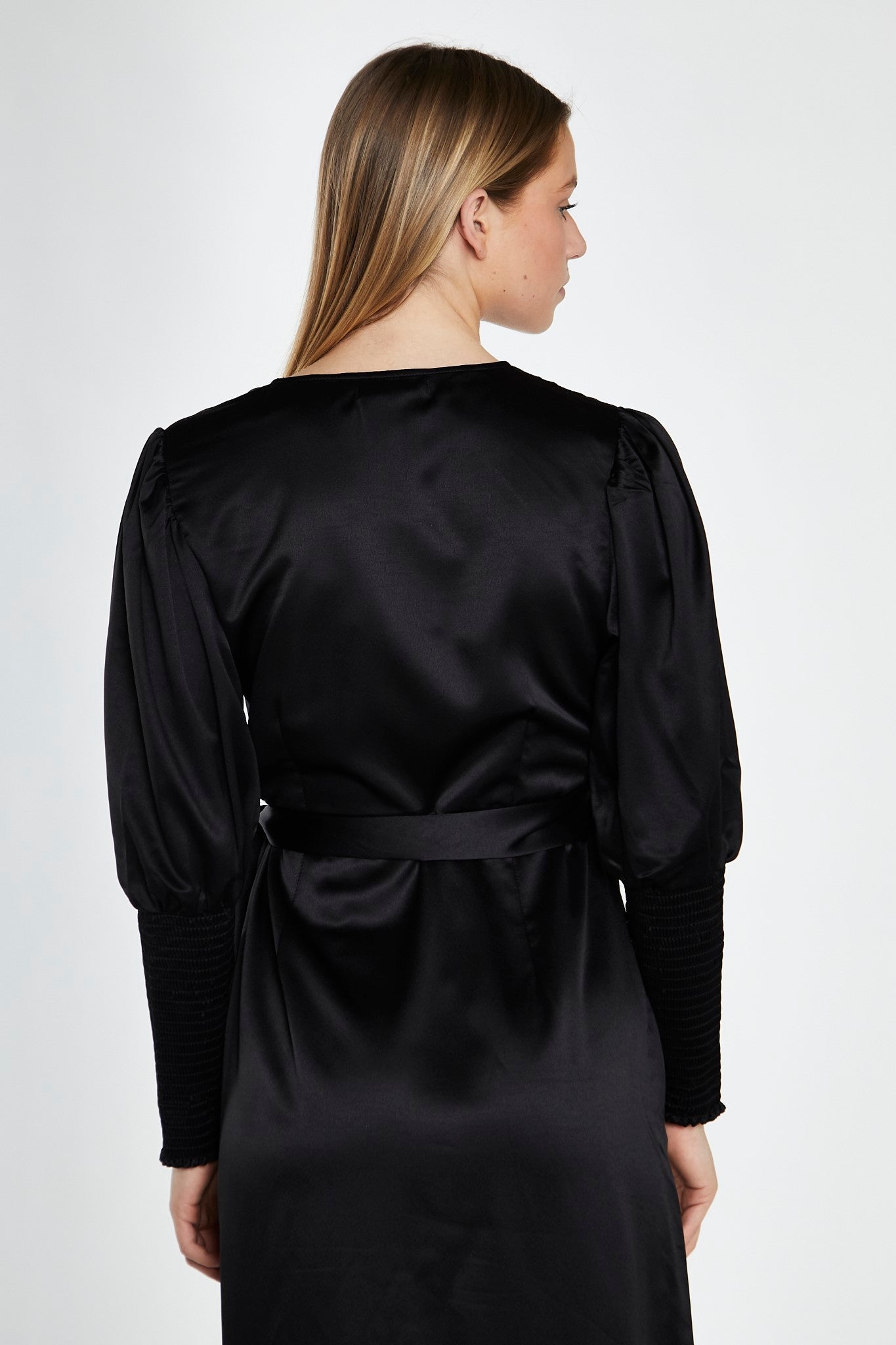 Black-Satin Shirred Cuff Wrap Maxi-Dress