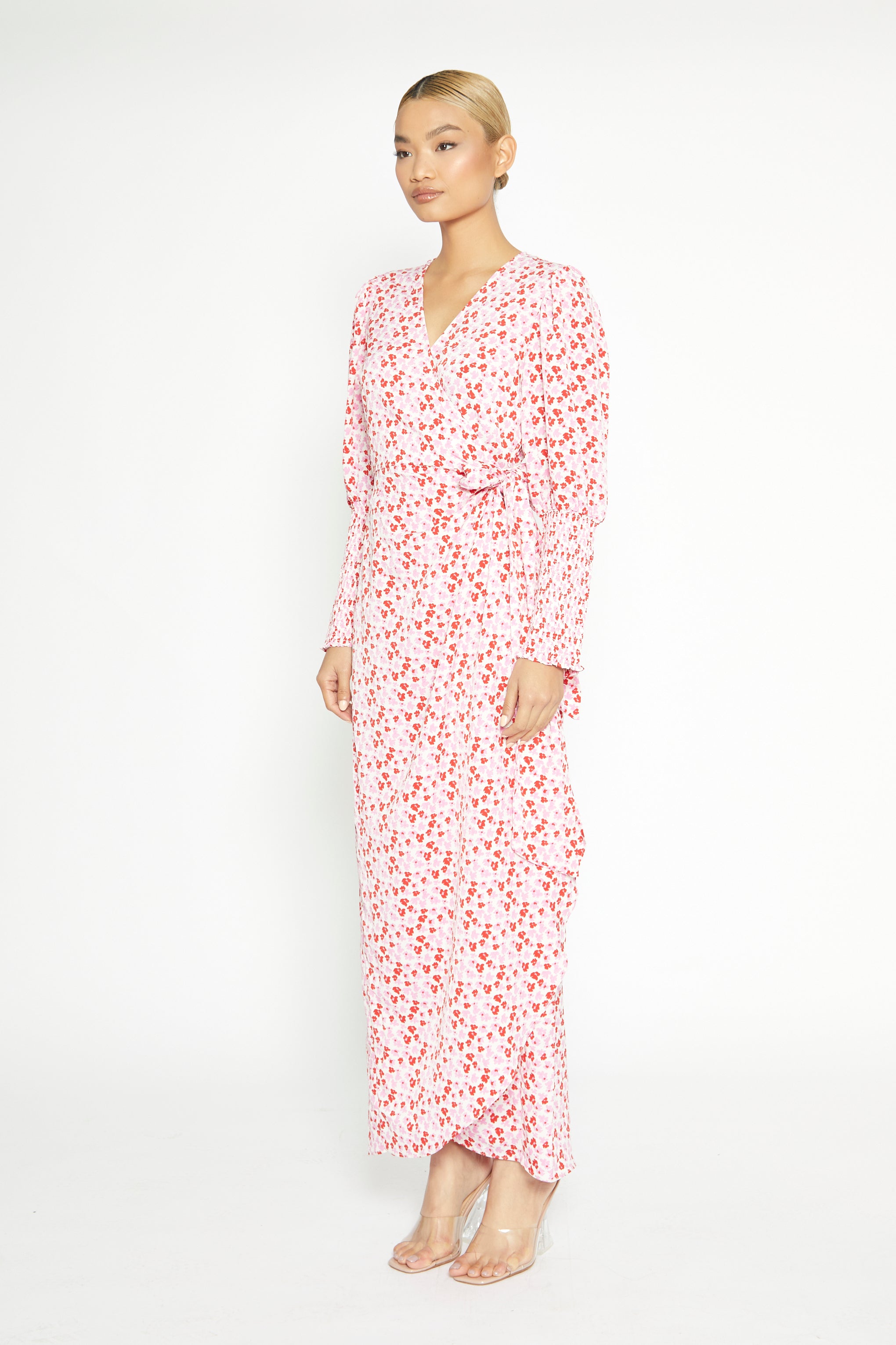 White-Red-Pink-Floral Wrap Maxi Dress