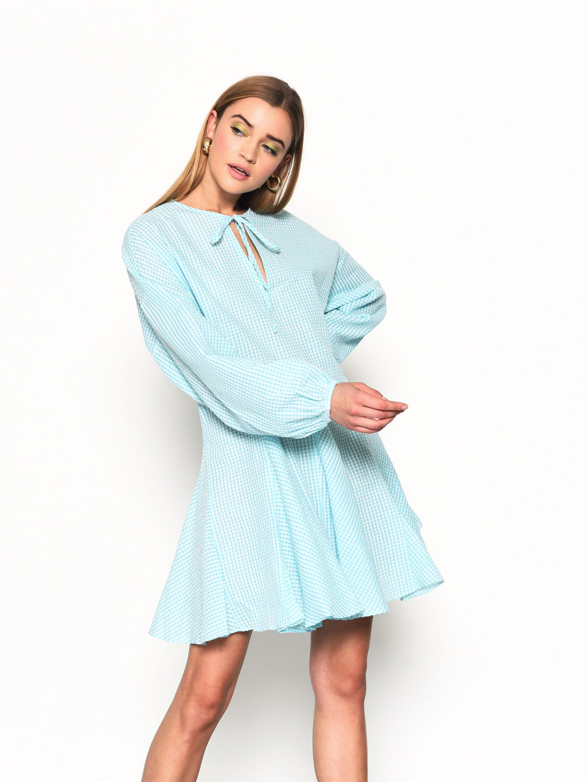 Glamorous Turquoise Gingham Long Sleeve Mini Dress