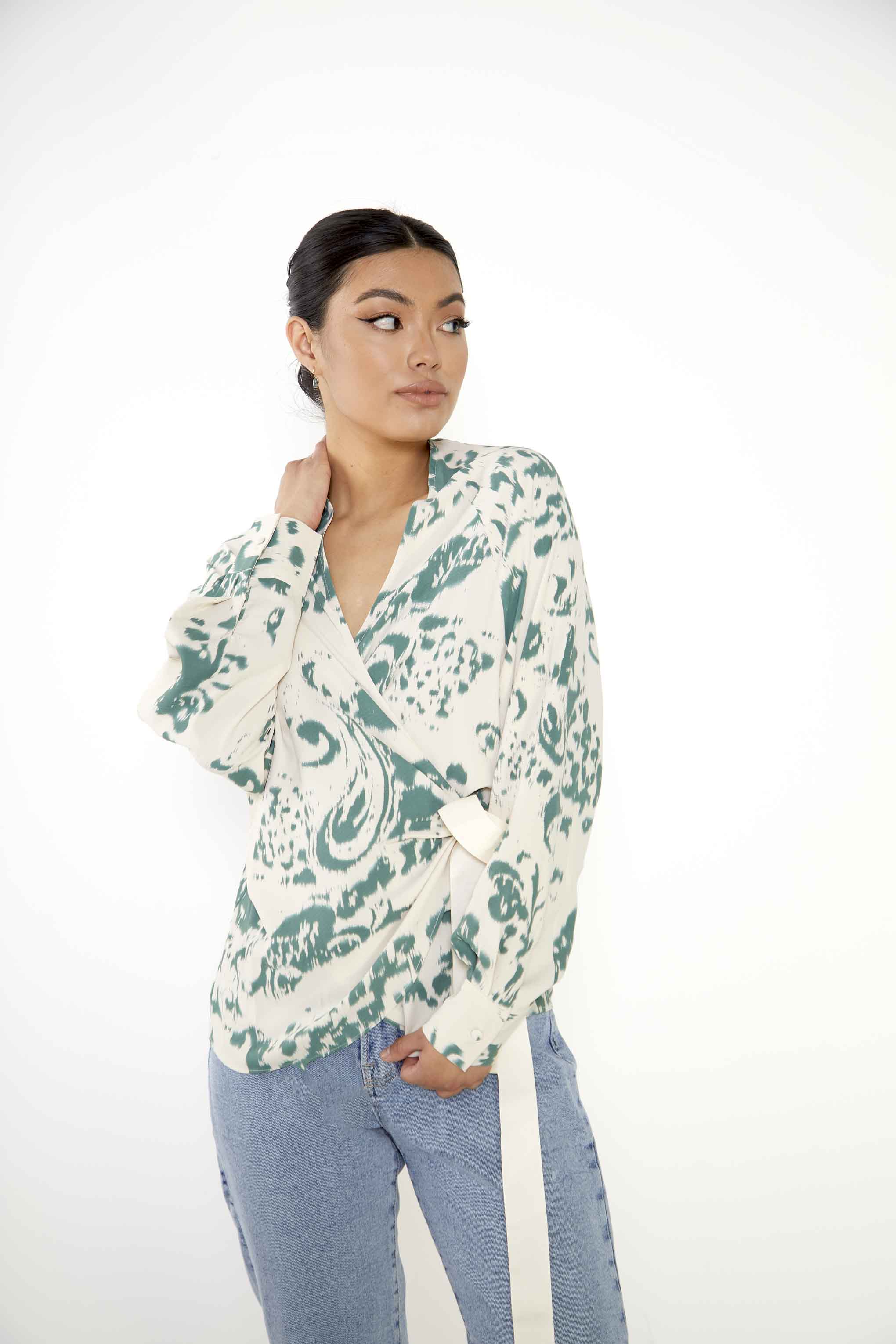 Glamorous Cream Green Abstract Oversized Blouse with Wrap Tie