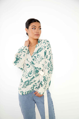 Glamorous Cream Green Abstract Oversized Blouse with Wrap Tie