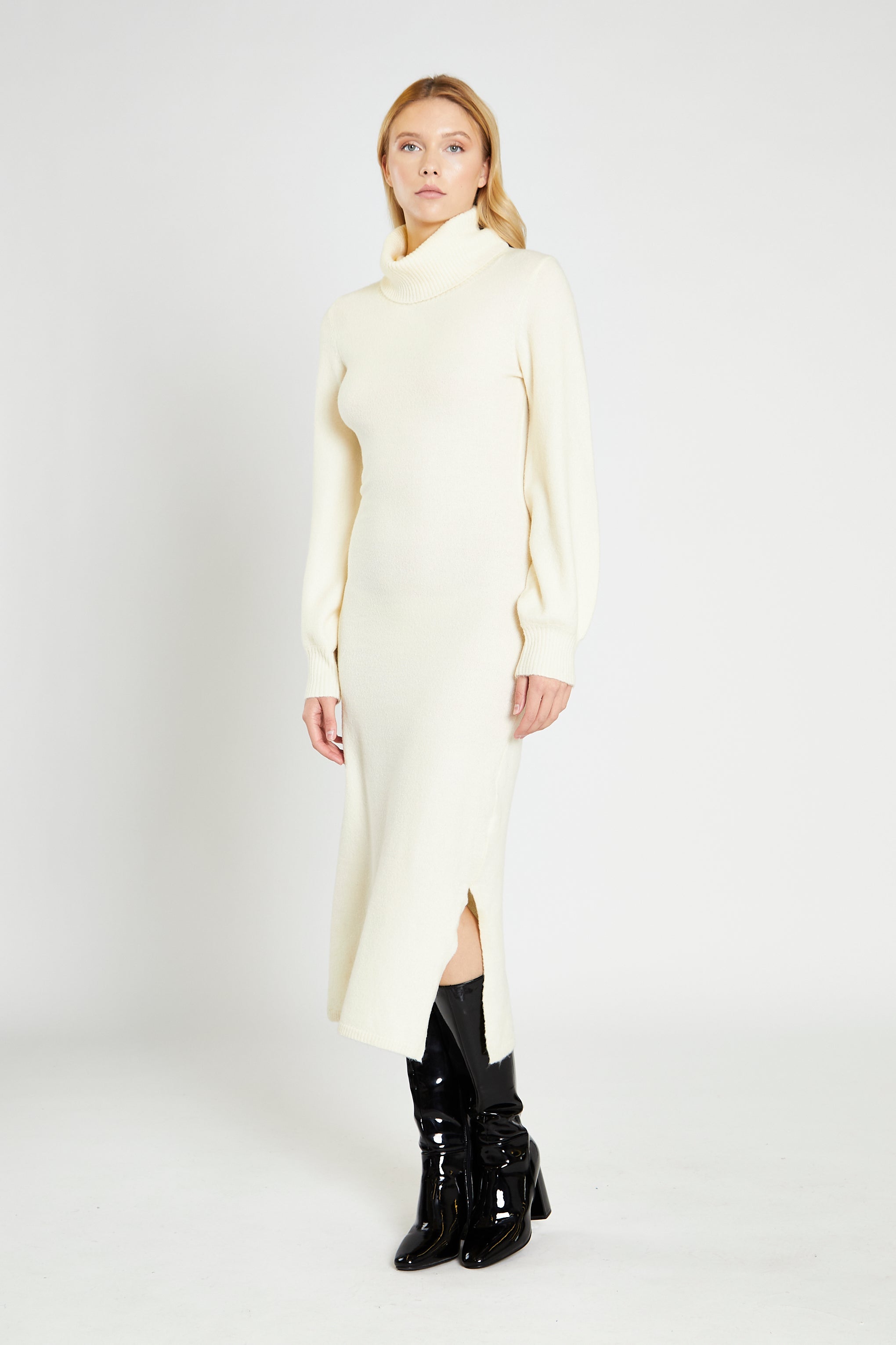 Glamorous Cream Knitted High Neck Midi Dress