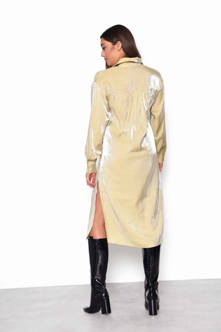 Glamorous Ochre Shimmer Long Sleeve Midi Shirt Dress with Side Splits