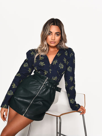 Glamorous Navy Bouquet Floral Button Front Blouse