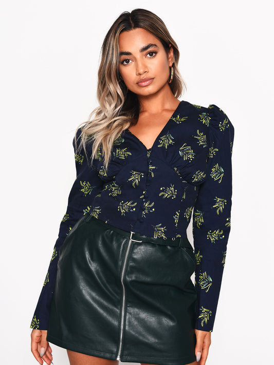 Glamorous Navy Bouquet Floral Button Front Blouse