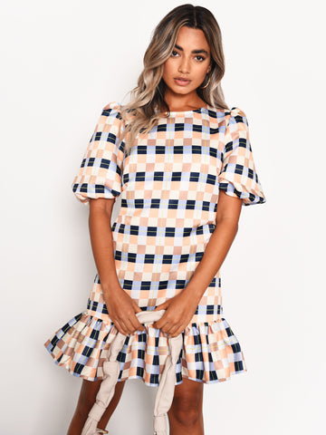 Peach Multi Check Ruffle Hem Mini Dress