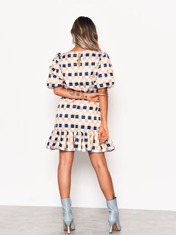 Peach Multi Check Ruffle Hem Mini Dress