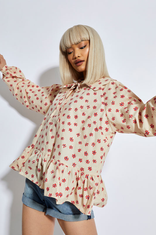 Glamorous Womens Stone Red Daisy Long Sleeve Blouse