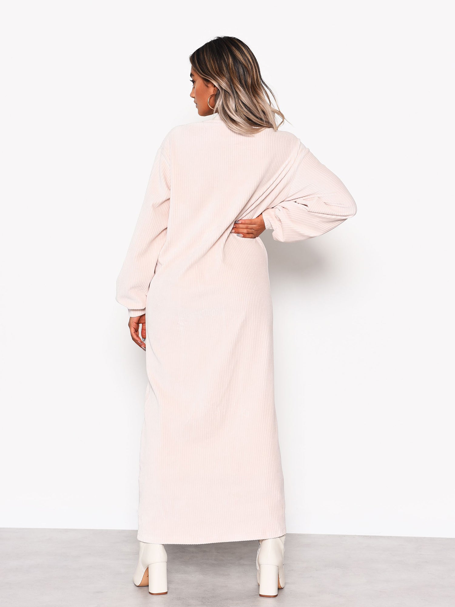 Cream Soft Ribbed Long Sleeve Midi Dress