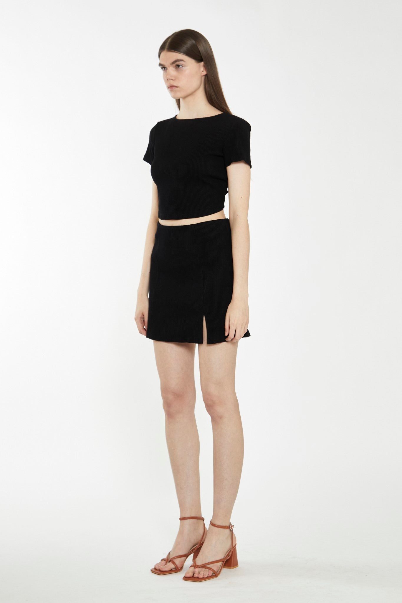 Black Rib Side Split Mini-Skirt