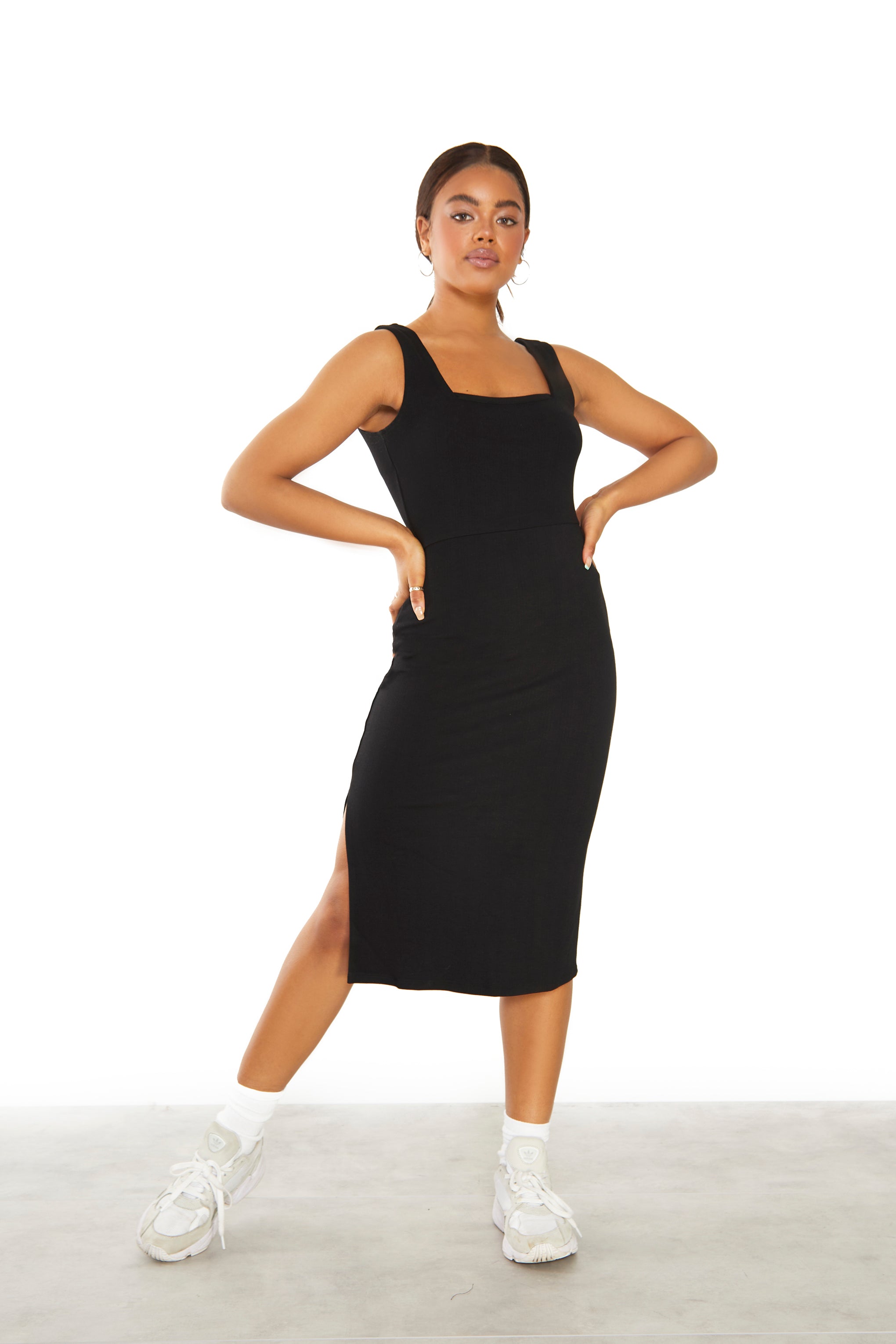 Glamorous Black Square Neck Midi Dress with Side Split - Glamorous