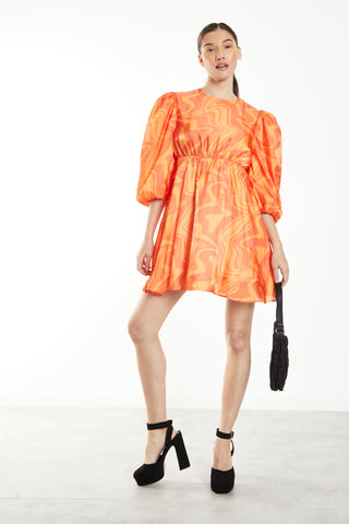 Glamorous Orange Marble Volume Puff Sleeve Mini Dress