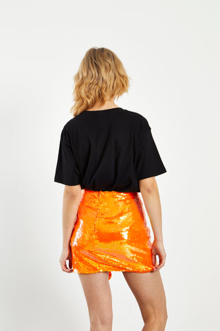 Glamorous Orange Sequin Mini Skirt with Asymmetric Drape Detail