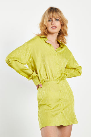 Glamorous Lime Satin Jacquard Tailored Mini Shirt Dress