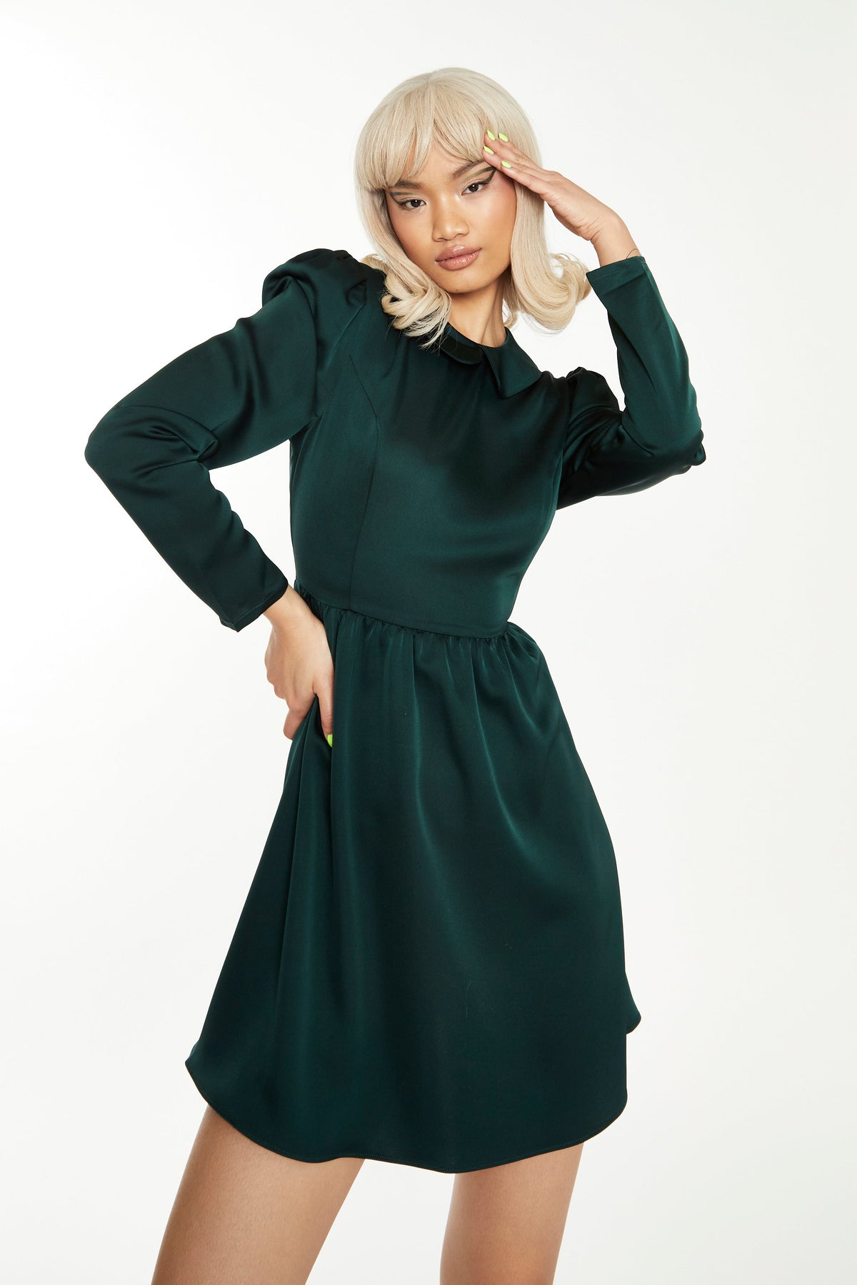 Glamorous Dark Green Satin Collared Skater Mini Dress Glamorous Dark Green Satin Collared Skater Mini Dress