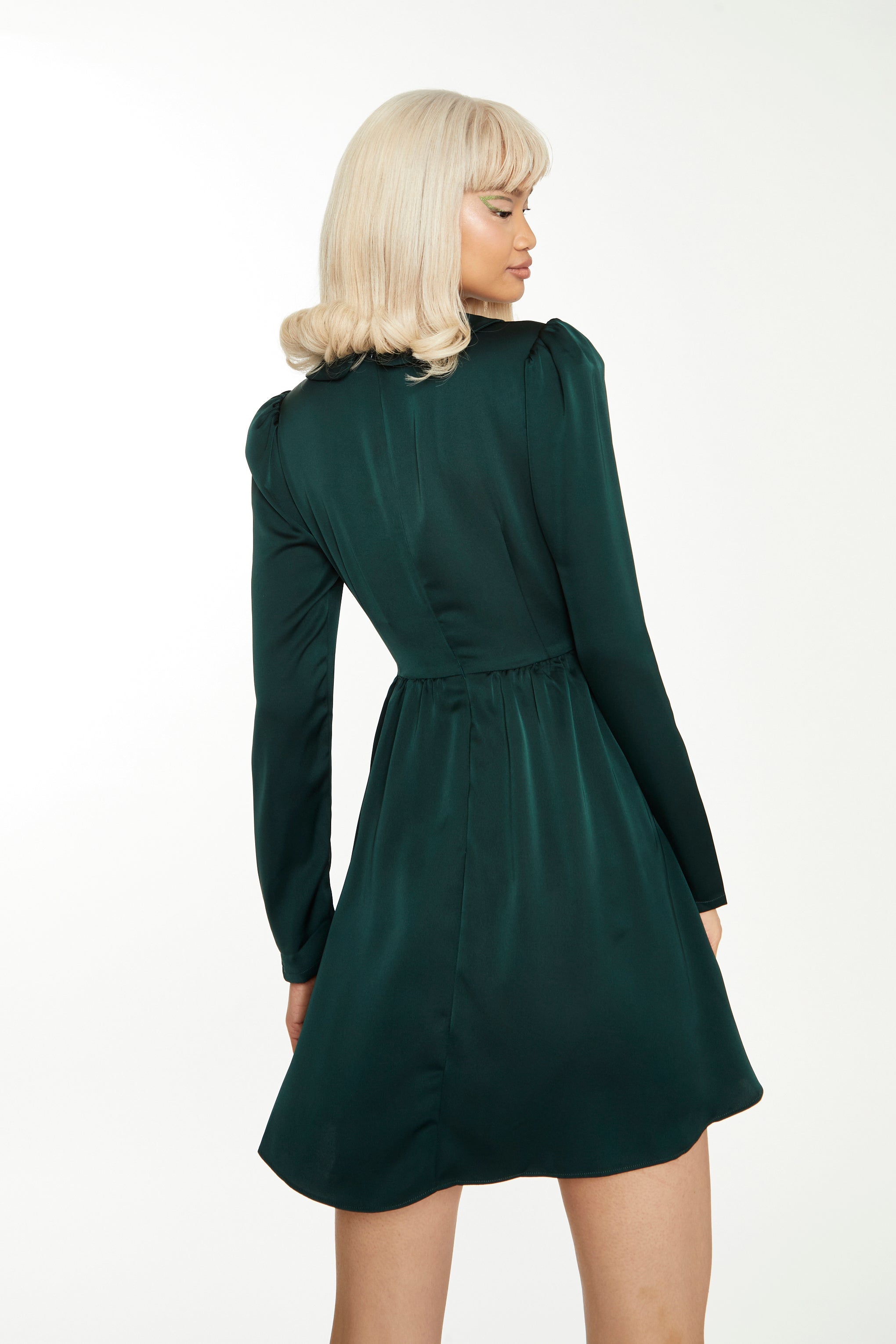 Glamorous Dark Green Satin Collared Skater Mini Dress