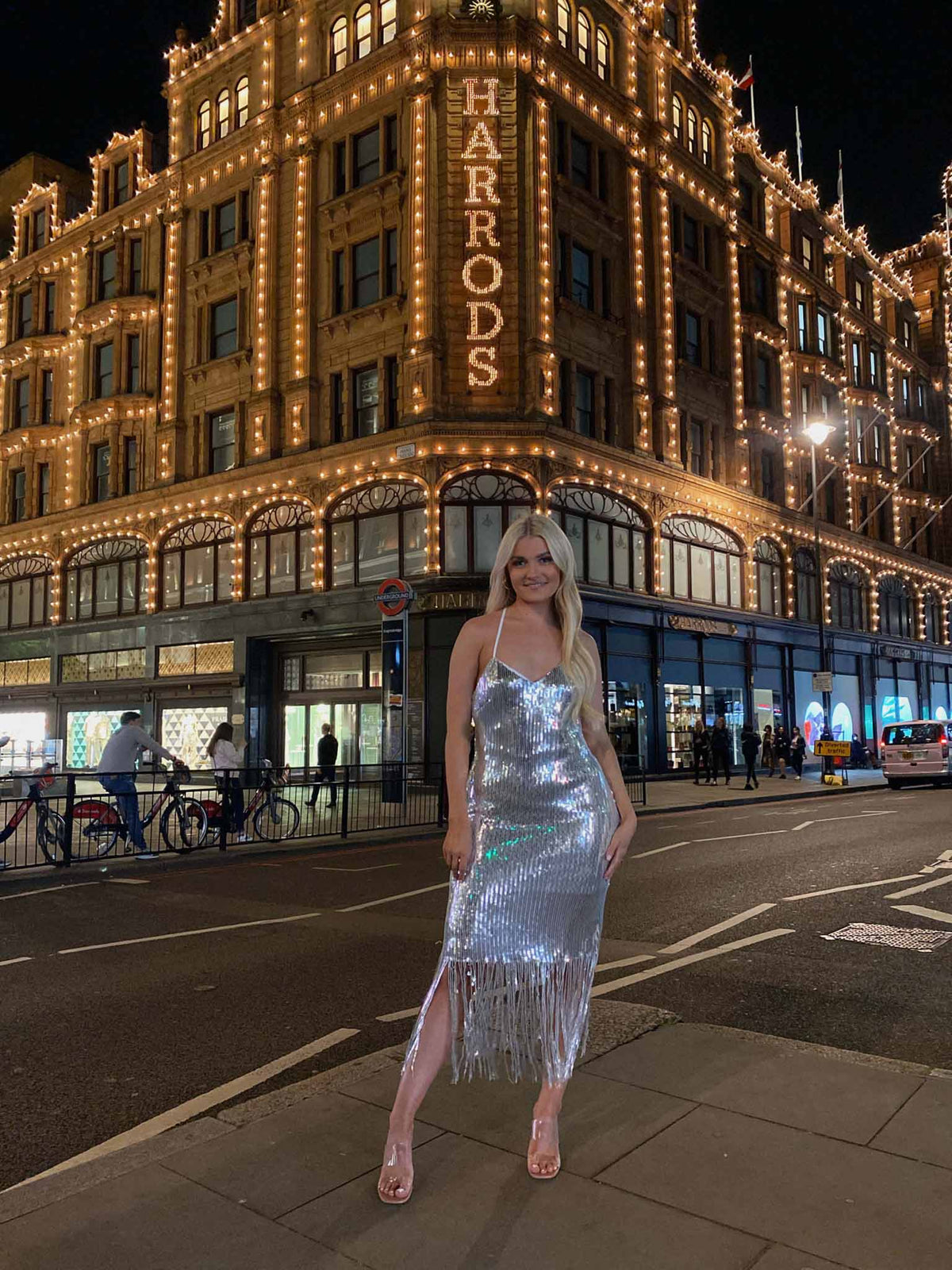 Glamorous Silver Sequin Fringe Cross Back Midi Dress