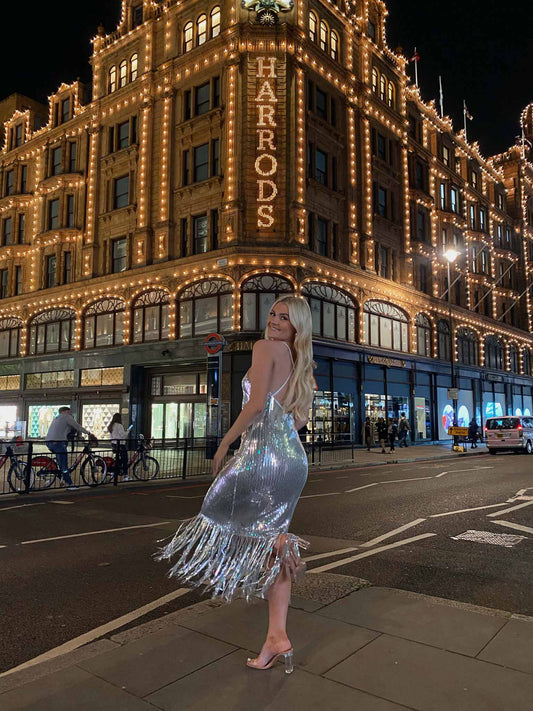 Glamorous Silver Sequin Fringe Cross Back Midi Dress Glamorous Silver Sequin Fringe Cross Back Midi Dress