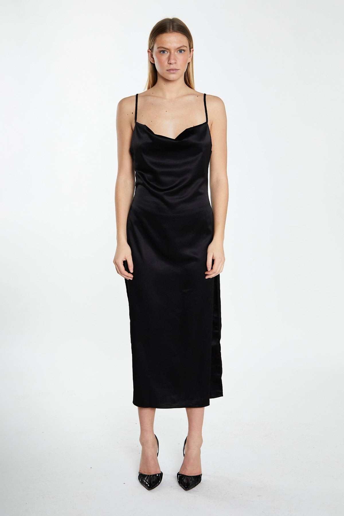 Black Satin Cowl Neck Midi Dress Black Satin Cowl Neck Midi Dress