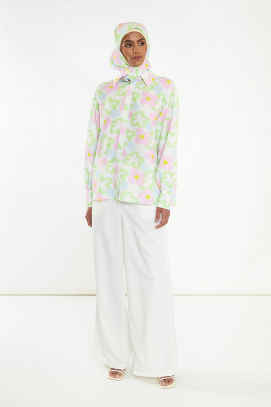 Multi-Blurred-Floral Long Sleeve Shirt