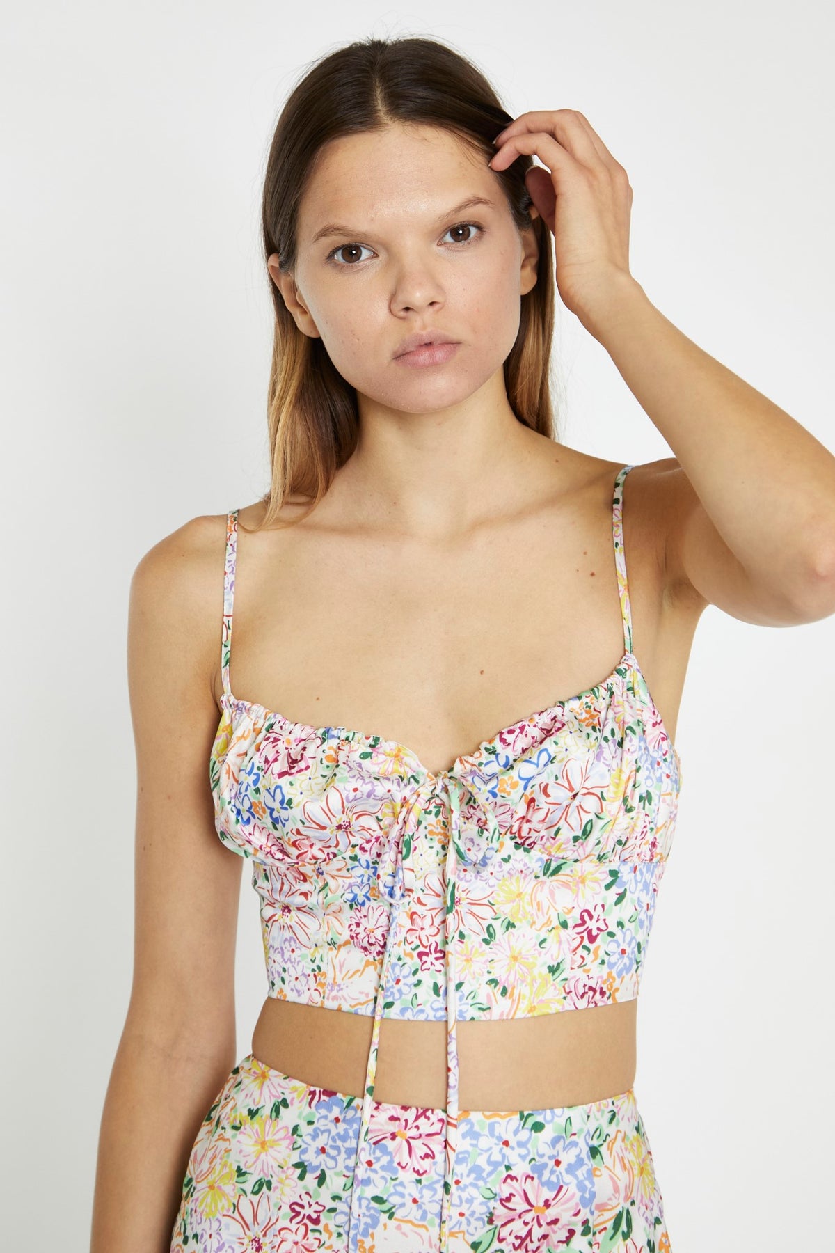 Painted Multi-Floral Ruched Bust Cup Crop-Top