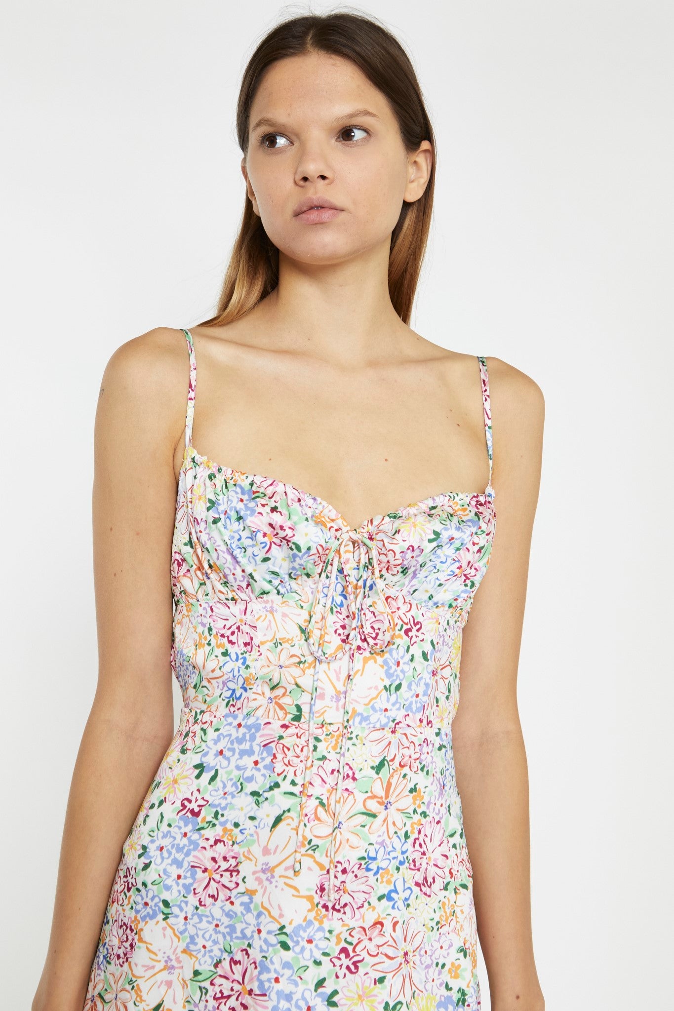 Painted Multi-Floral Tie-Back Ruched Mini-Dress