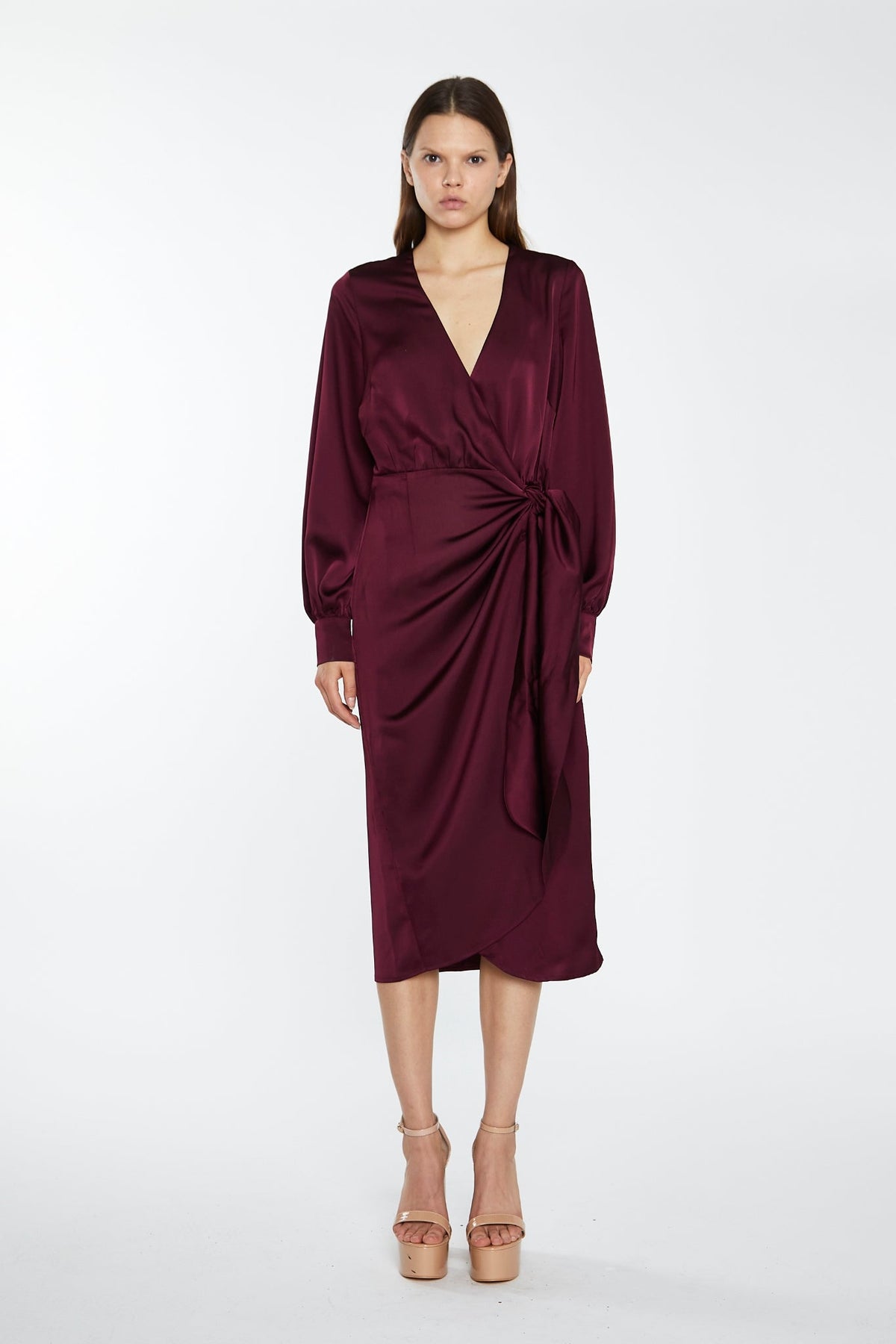 Deep Burgundy Satin Long-Sleeve Wrap Midi-Dress