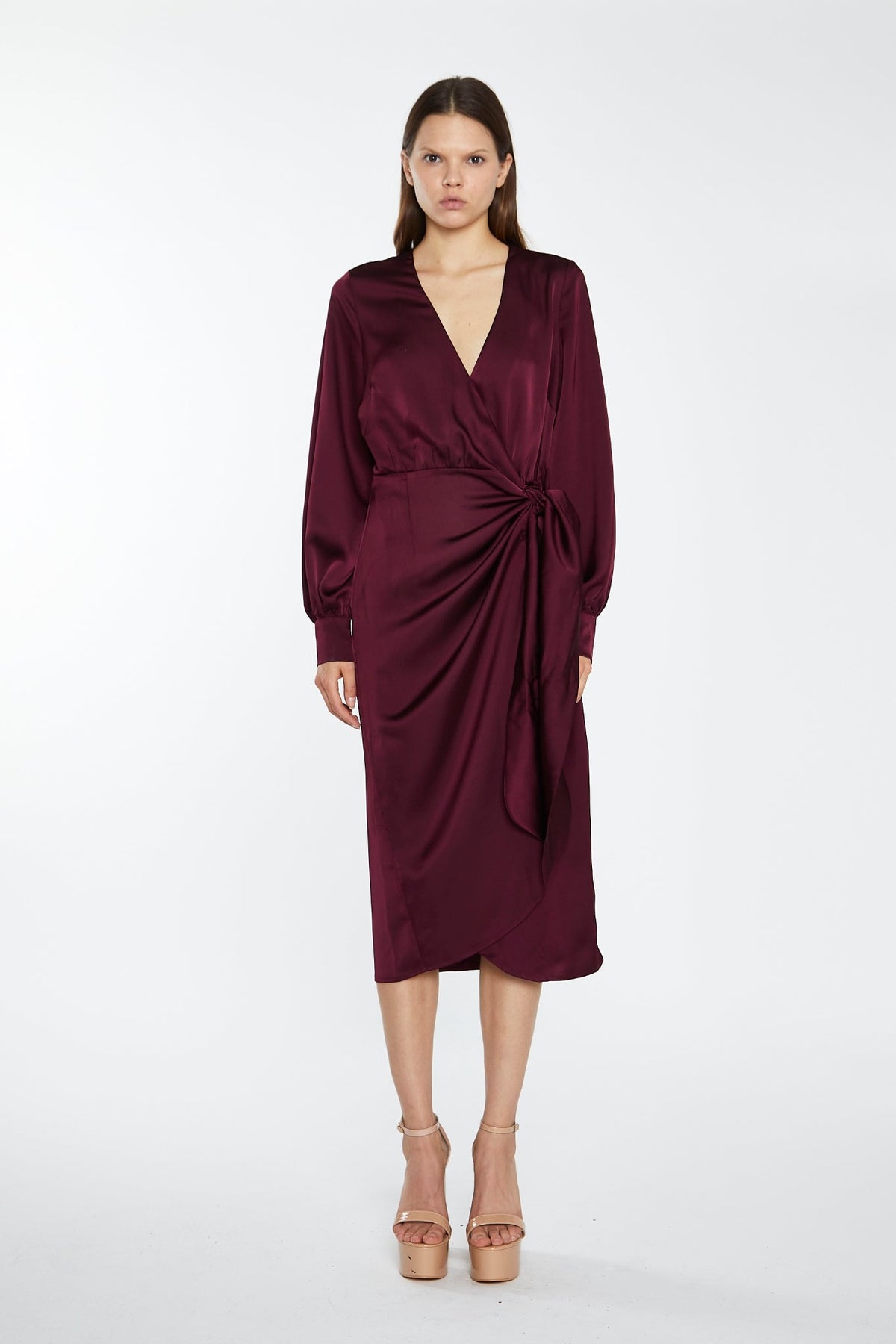 Deep Burgundy Satin Long-Sleeve Wrap Midi-Dress Deep Burgundy Satin Long-Sleeve Wrap Midi-Dress