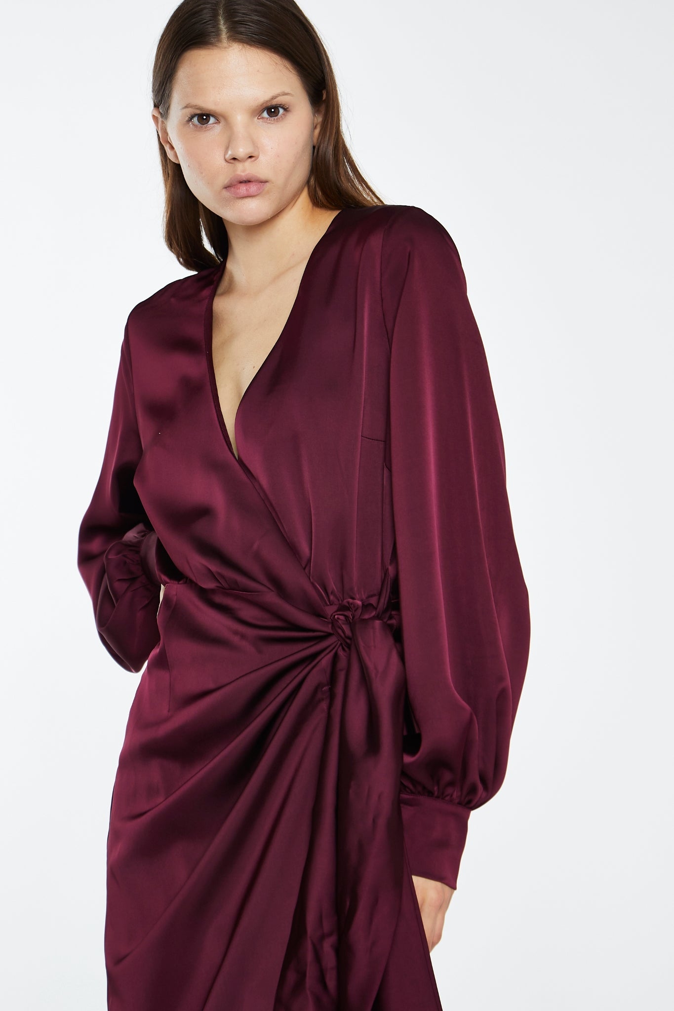 Deep Burgundy Satin Long-Sleeve Wrap Midi-Dress