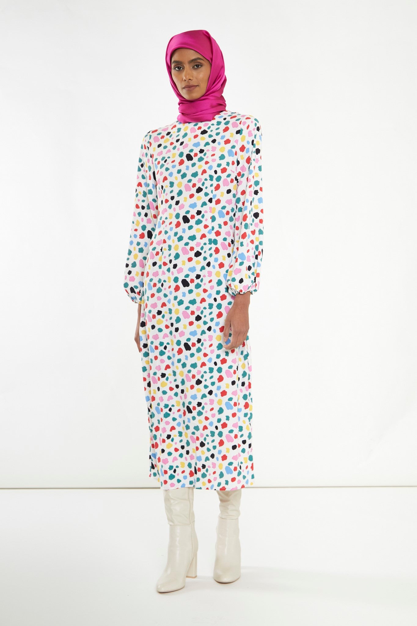 Abstract Spot Long-Sleeve Midi-Dress