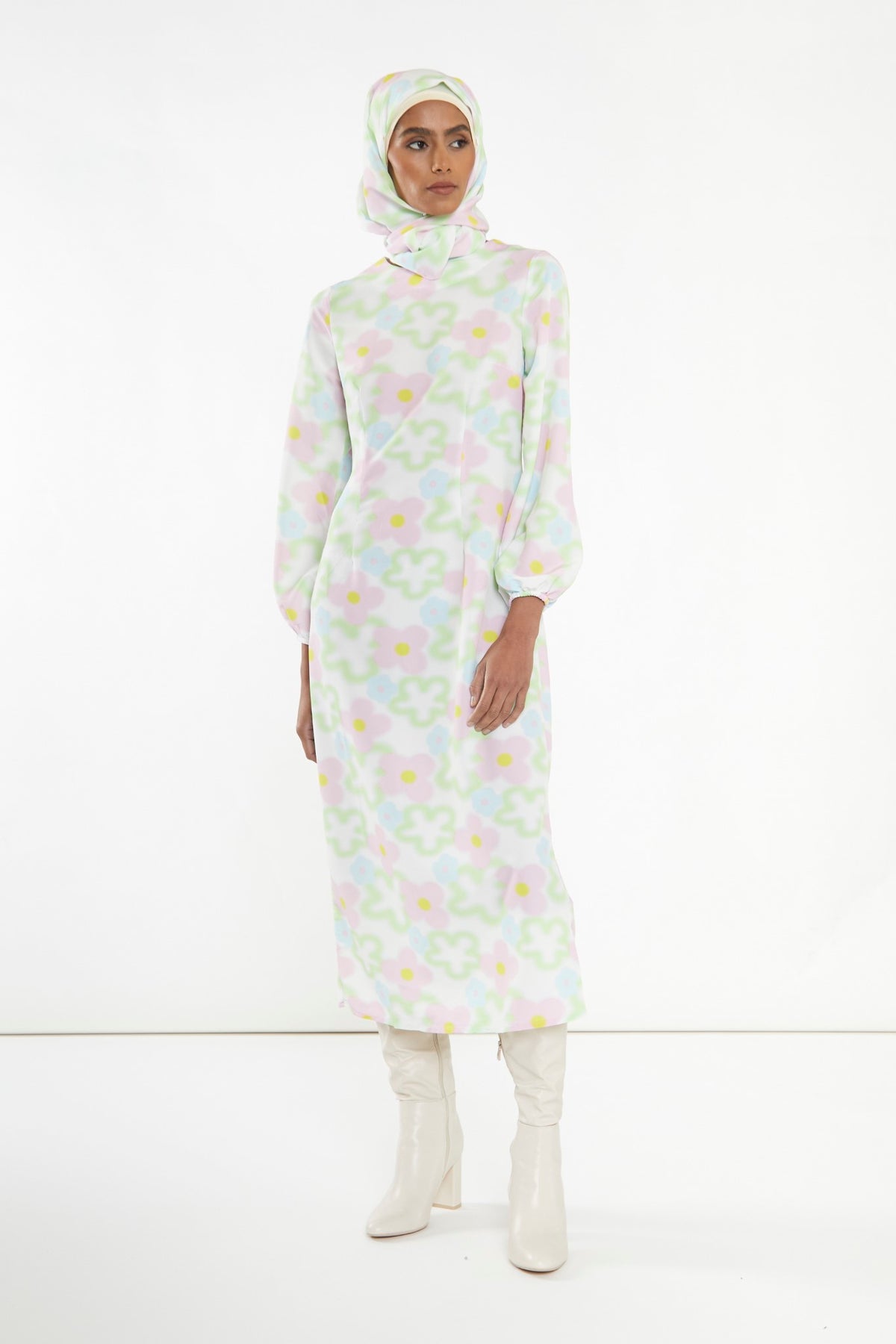 Multi Blurred Floral Long-Sleeve Midi-Dress