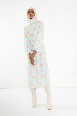 Multi Blurred Floral Long-Sleeve Midi-Dress