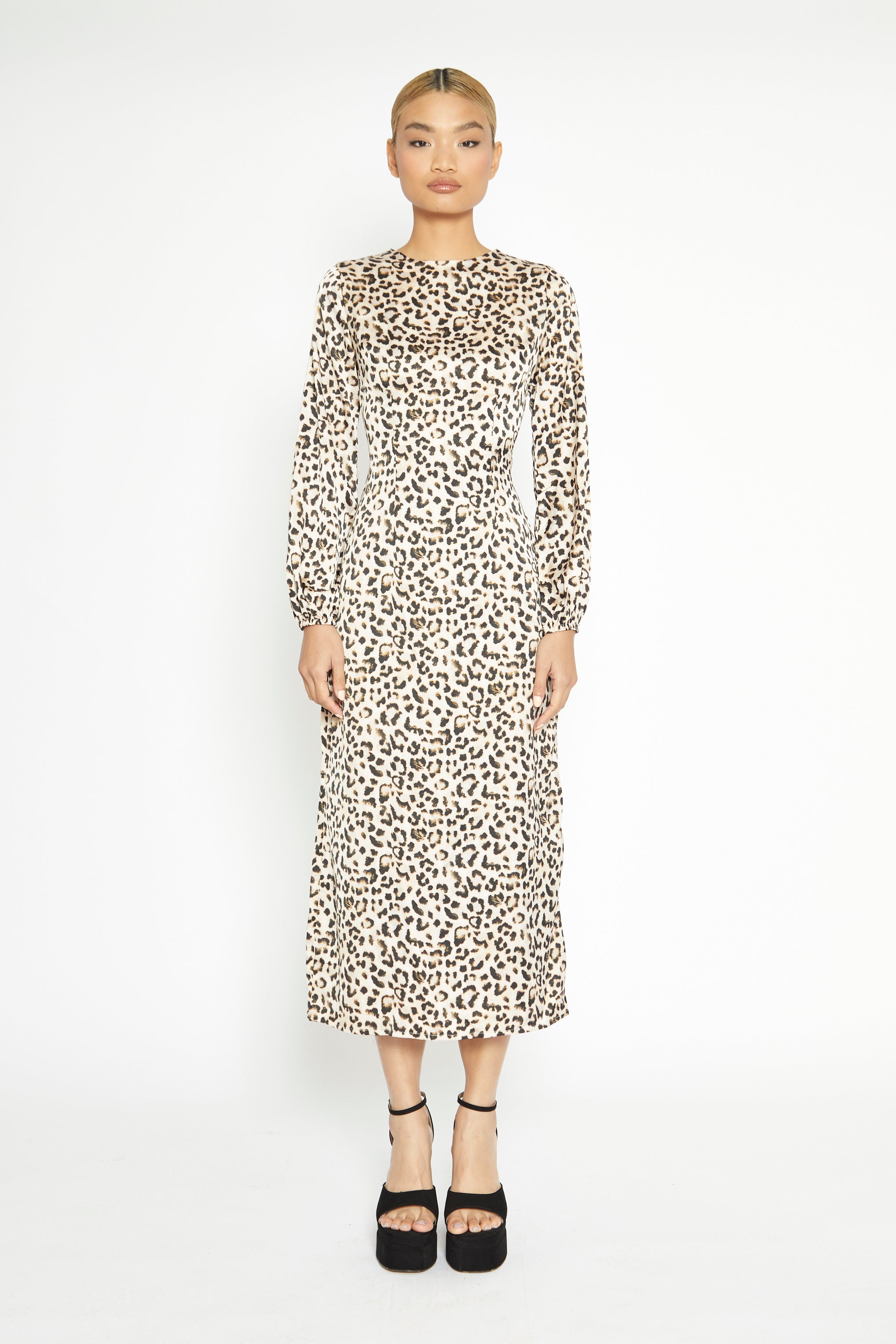 Glamorous Natural White Leopard print Long Sleeve Midi Dress