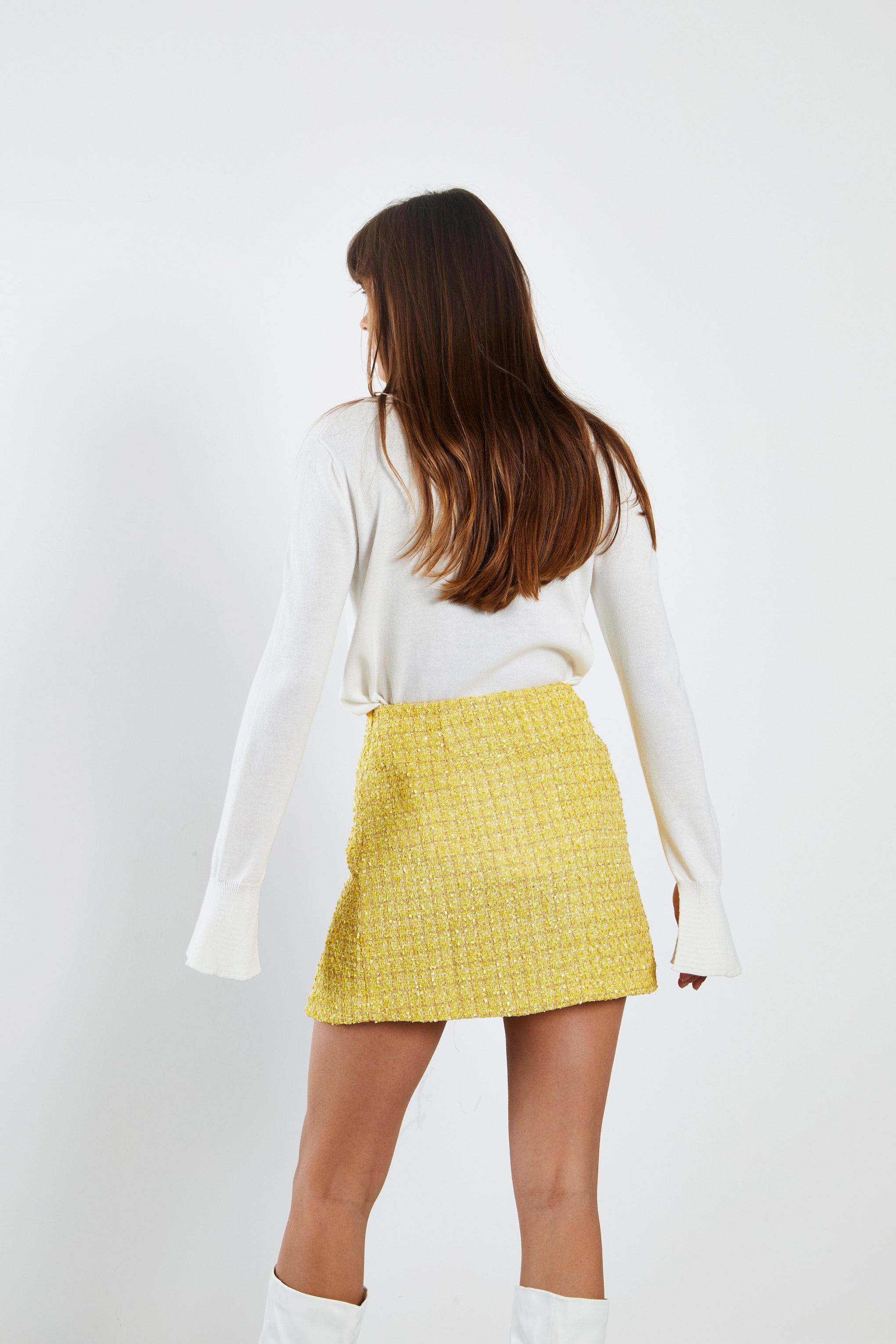 Glamorous Yellow Tweed Mini Skirt with Front Side Split