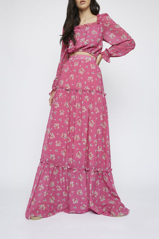 Glamorous Pink Floral Ruffled Skirt