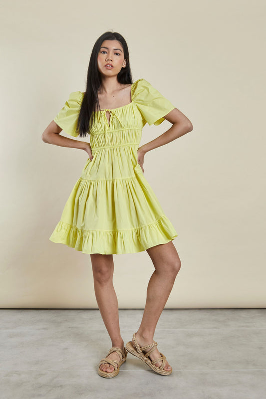 Glamorous Yellow Puff Shoulder Frill Tie Front Mini Dress
