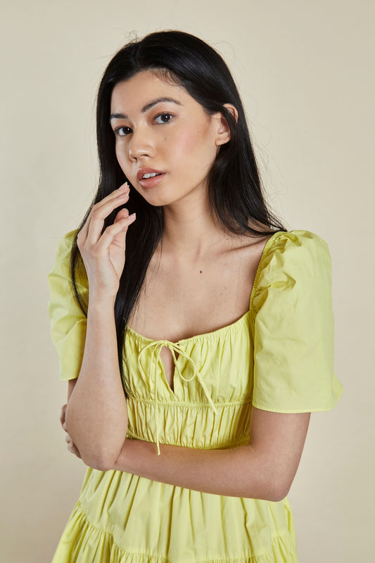Glamorous Yellow Puff Shoulder Frill Tie Front Mini Dress