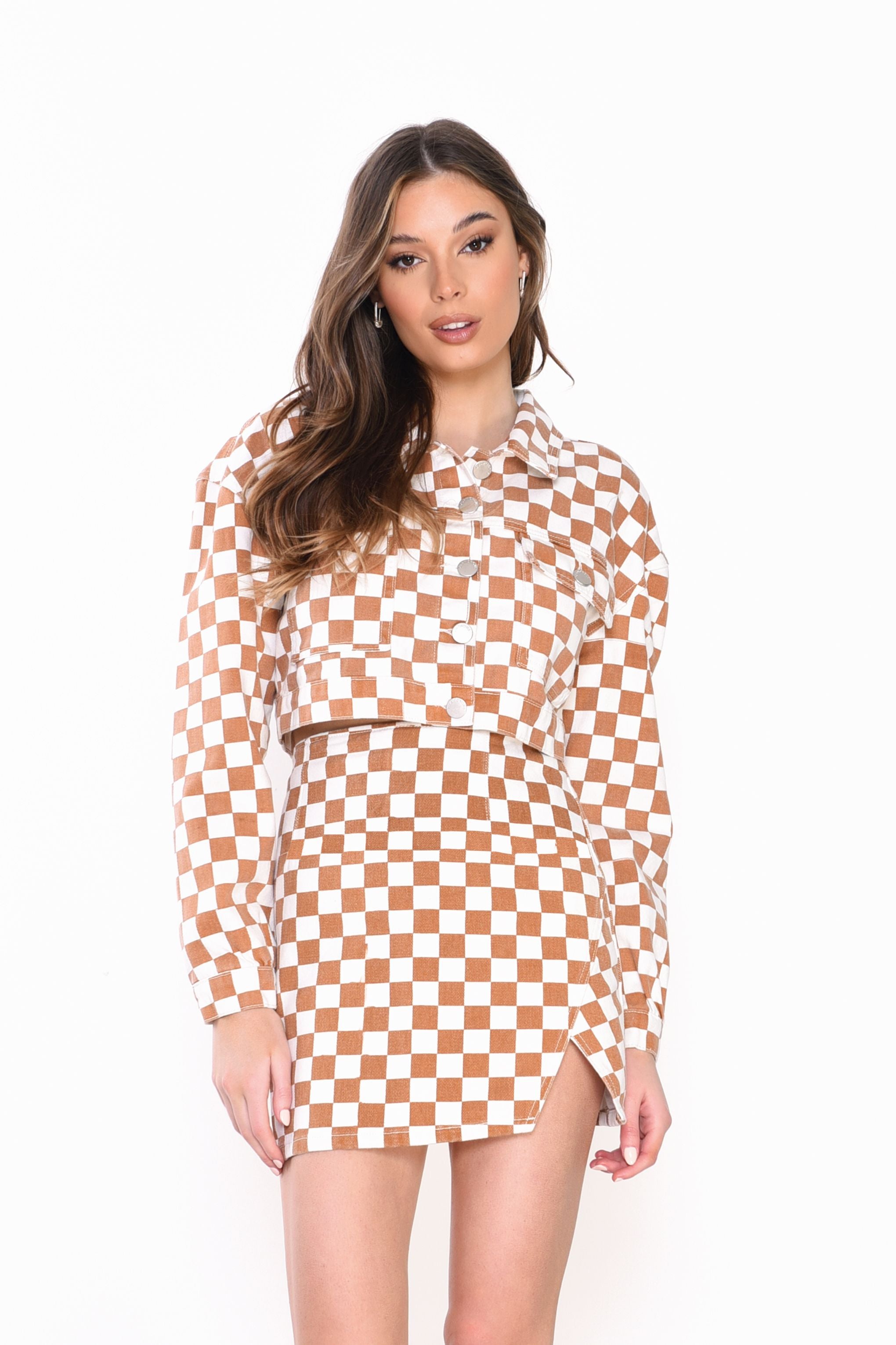 Glamorous Brown White Checkerboard Pattern Denim Cropped Jacket